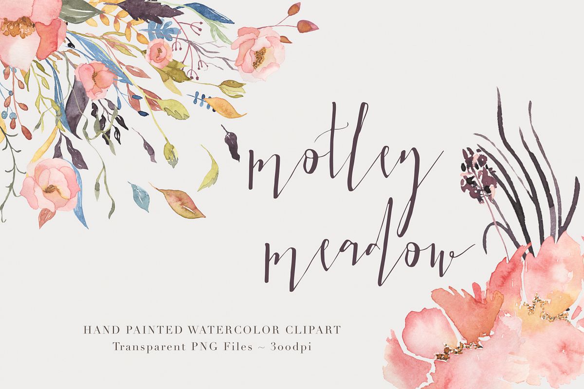 Watercolor Floral Clipart - Motley example image 1