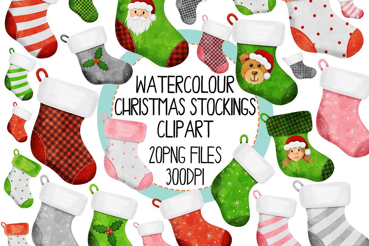 Watercolor Christmas Stocking Clipart example image 1