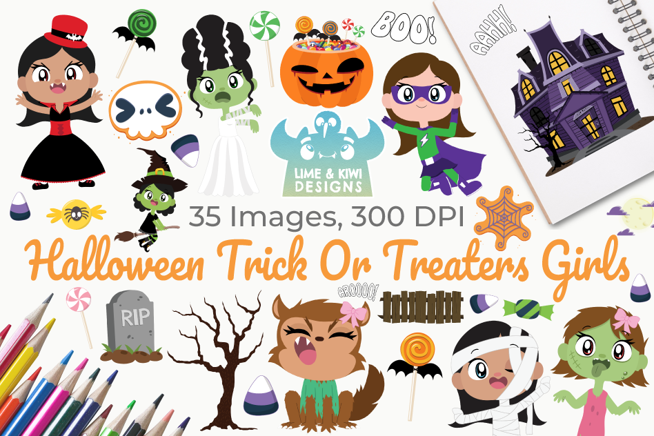 Halloween Trick Or Treaters Girls Clipart, Instant Download example image 1