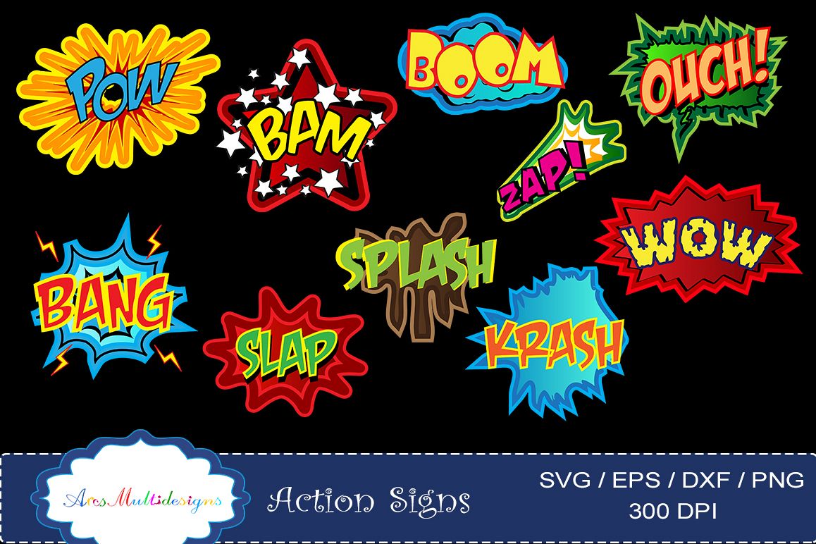 action signs svg vector clipart / action sign silhouette / zap clipart / bang clipart / pow clipart / boom clipart /pop art / comic book example image 1