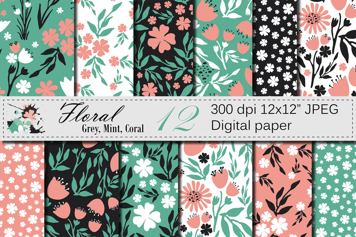 Seamless Floral Digital Paper, Hand Drawn Flowers - Gray Mint Coral example image 1