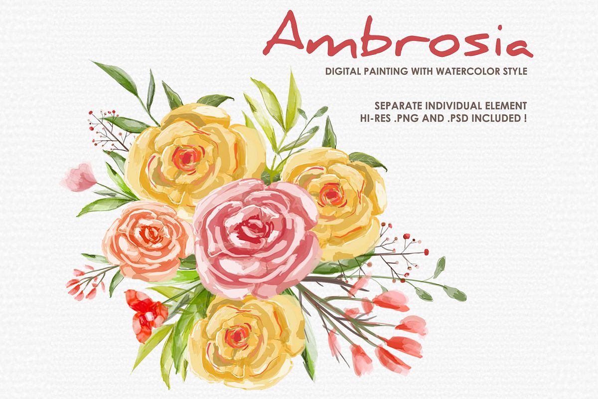 Ambrosia - Digital Watercolor Floral Flower Style Clipart example image 1
