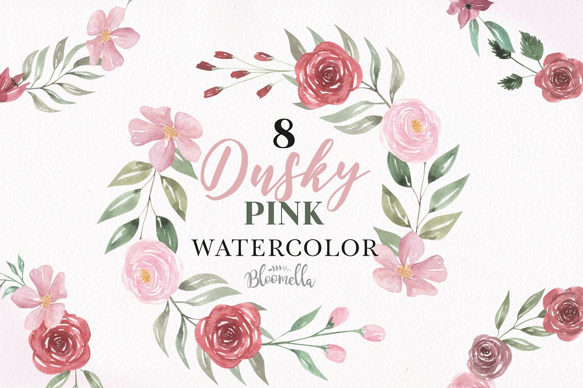 Dusky Pink Roses Watercolor Floral Wreaths 8 Flower Wedding (155270 ...