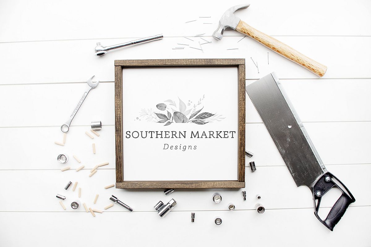 12x12 Wood Framed Sign Mock Up Tool Styled Photography example image 1