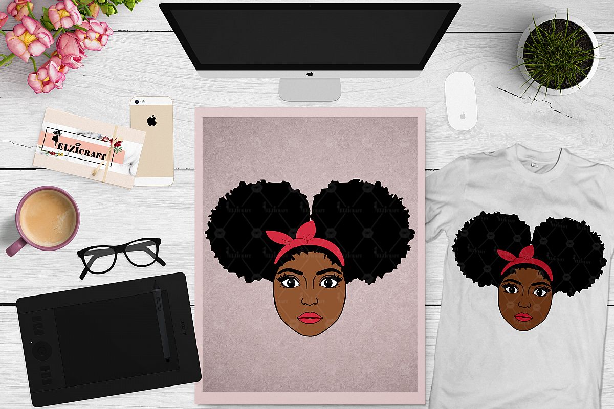 Afro Girl, Afro Puff, Headband, Bandanda SVG Cut File example image 1
