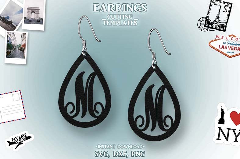 Letter M, Teardrop Monogram Earrings, SVG, Cut File, Cricut example image 1