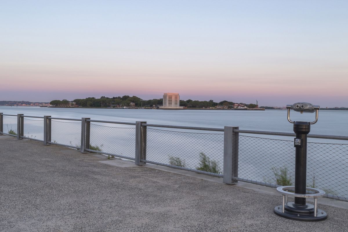 View on Governor island from the pier at sunrise example image 1
