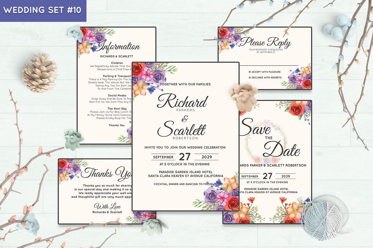 Wedding Invitation Set #10 Watercolor Floral Flower Style example image 1