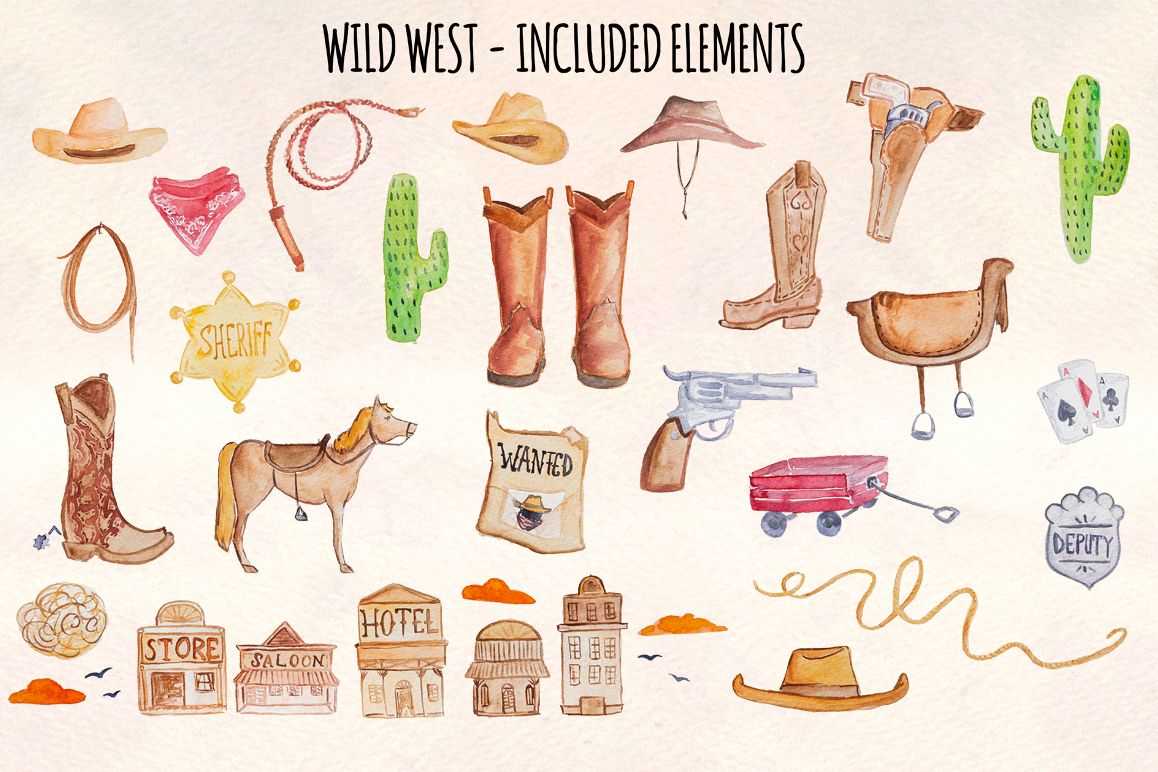 Wild West 33 Cowboy Watercolour Graphics Kit example image 1