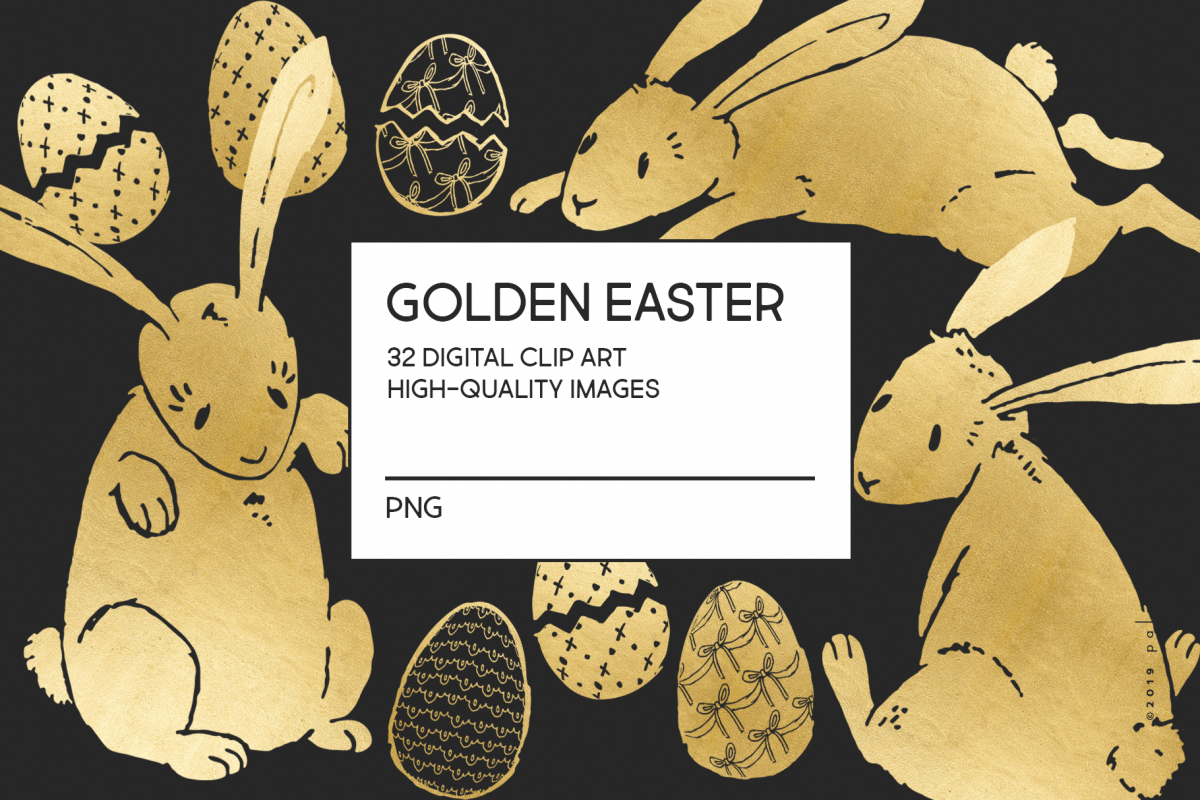 Gold Easter egg and Easter bunny clip art example image 1