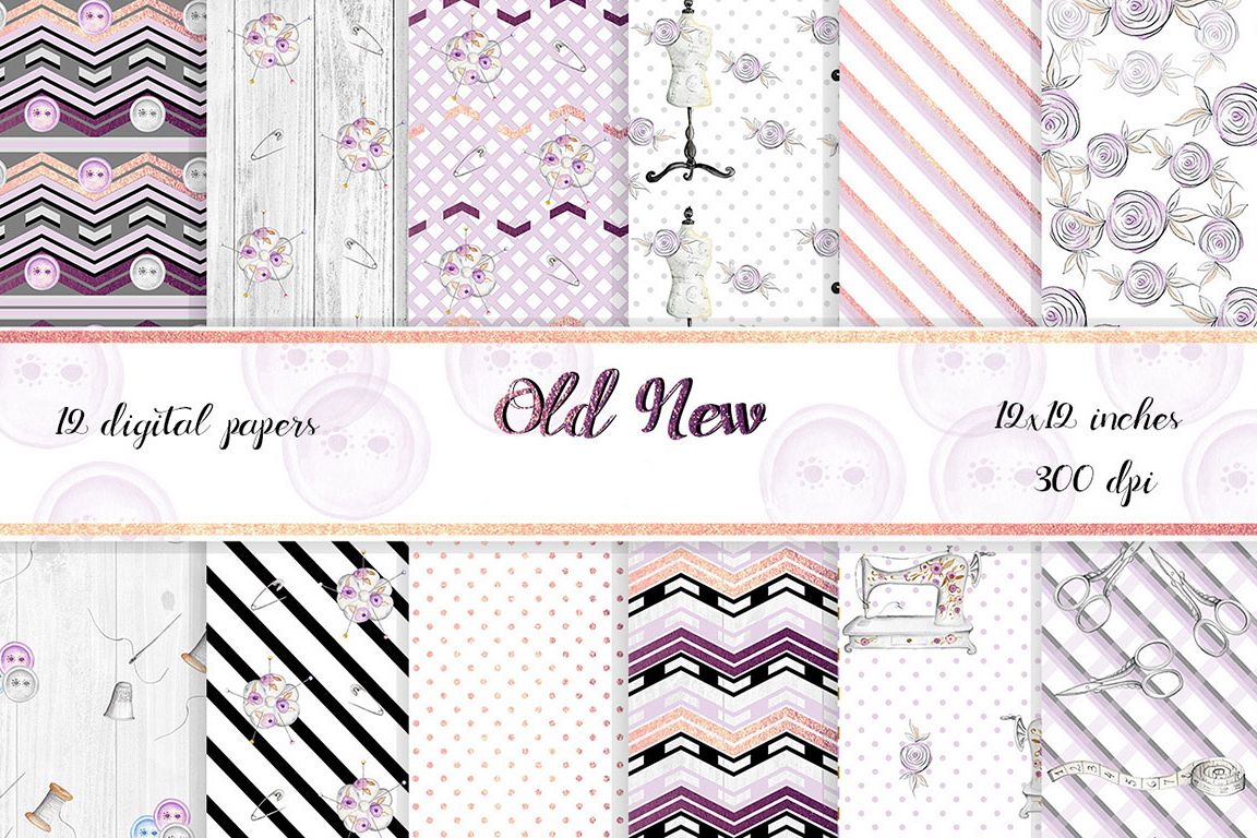 Vintage style Sewing Digital Papers. 12 papers with gold foil elements. example image 1