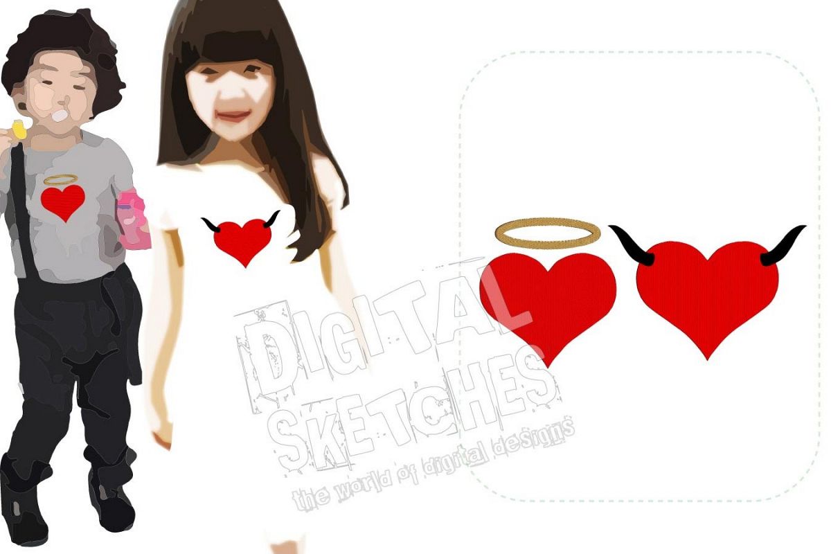 Angel and Devil Heart Machine Embroidery Design 4 Sizes example image 1