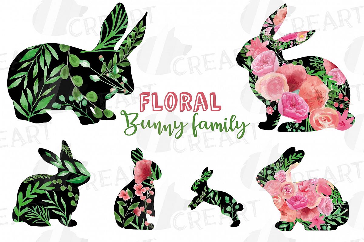 Floral rabbit family, sister, brother,papa and mama bunny example image 1