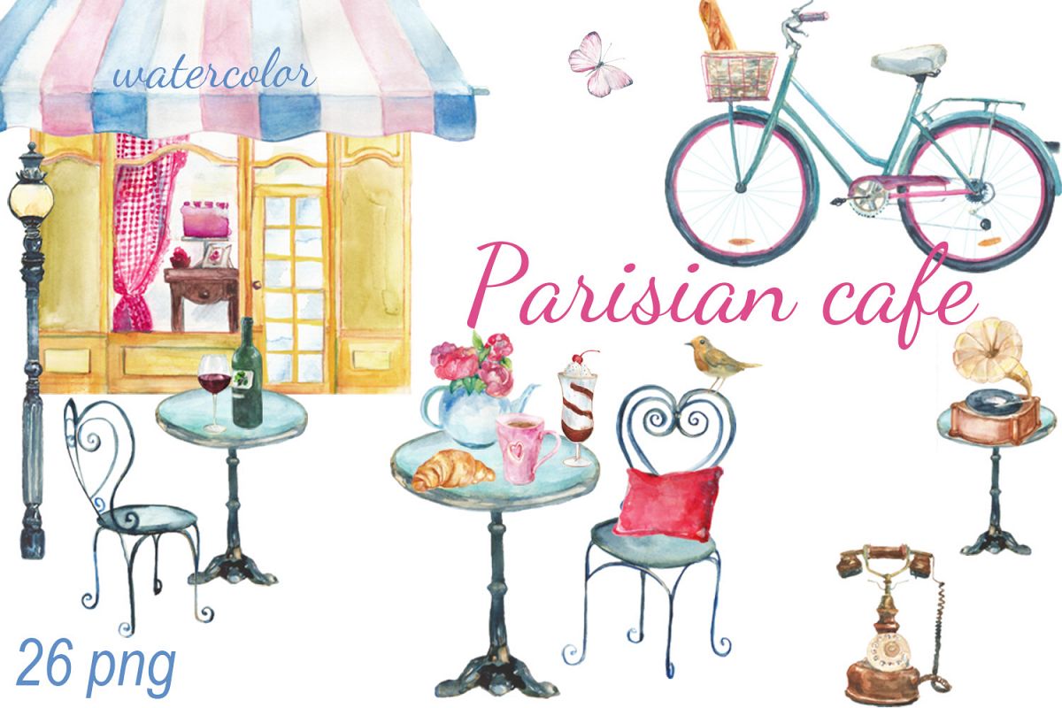 Watercolor Parisian cafe clip art example image 1