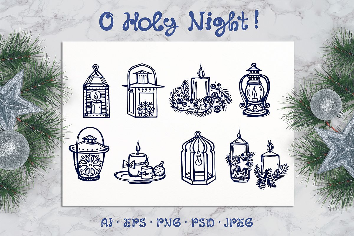 8 hand drawn Christmas candles and lanterns example image 1
