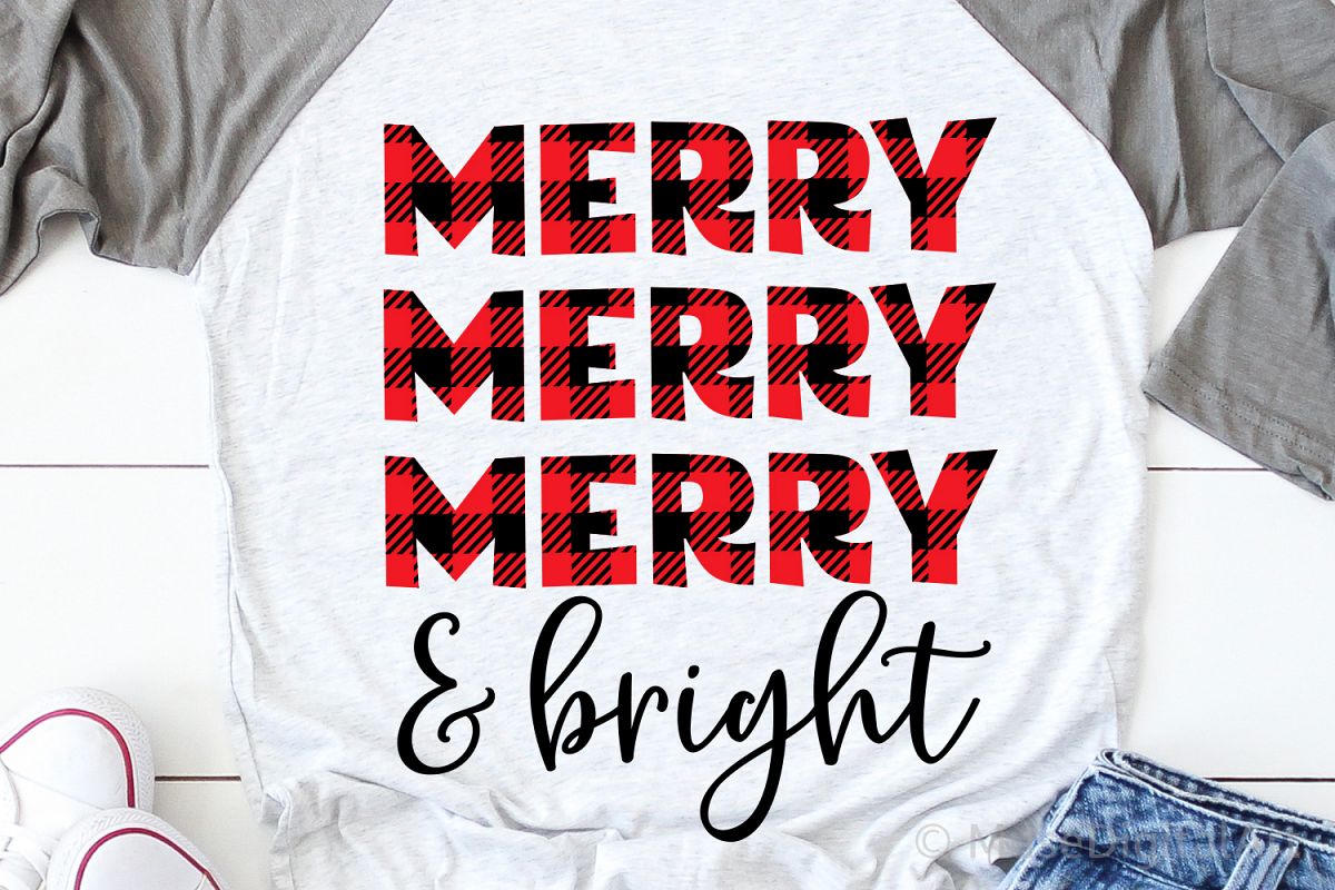 Merry and Bright Svg, Christmas Svg, Buffalo Plaid Svg File example image 1