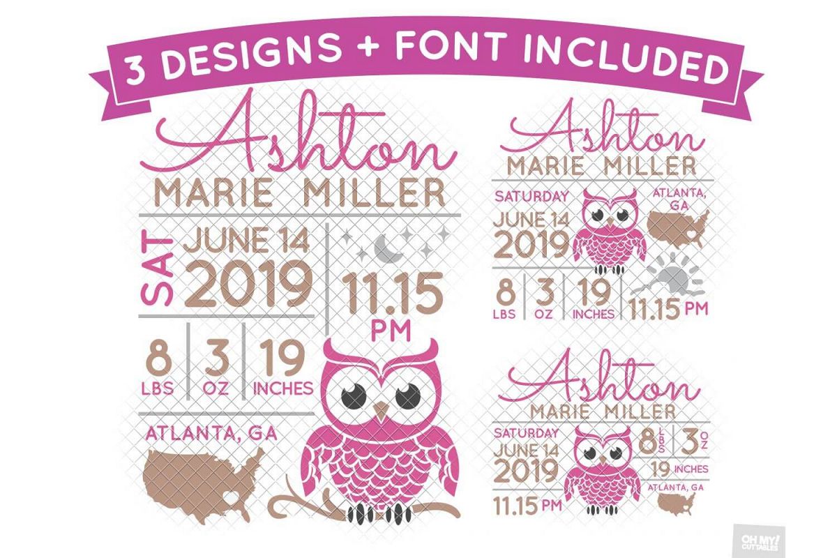 Owl Birth Stats SVG Announcement Template in SVG, DXF, EPS example image 1