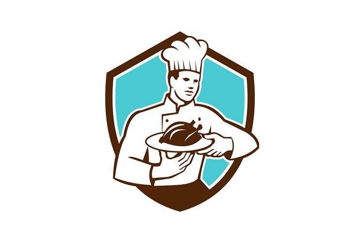 Chef Cook Serving Chicken Platter Shield Retro example image 1