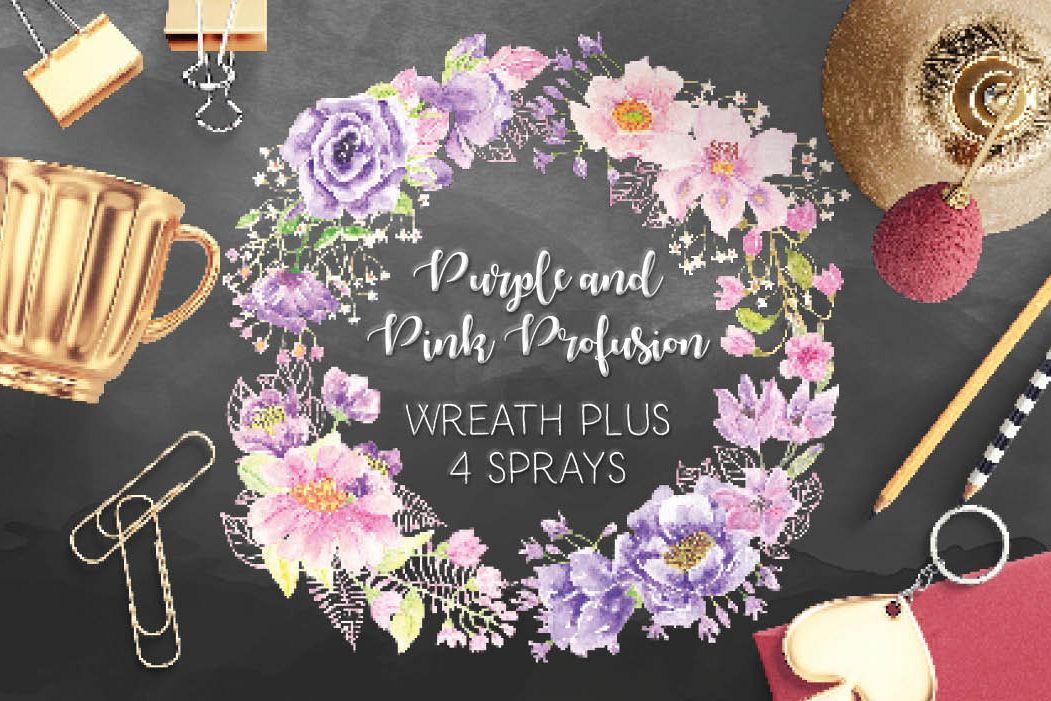 Watercolor wreath of purple and pink flowers example image 1