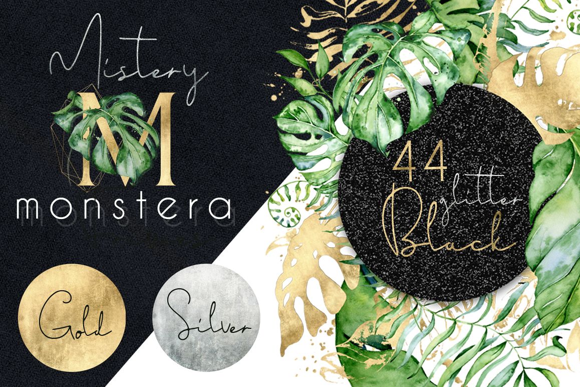 44 Tropical watercolor Frames - Gold, Silver, Black glitter example image 1