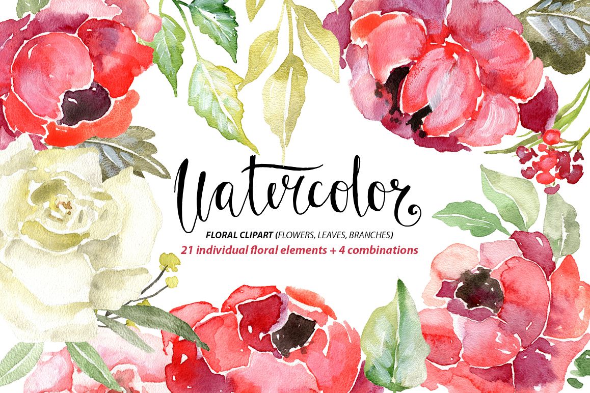 Watercolor burgundy & red flowers example image 1