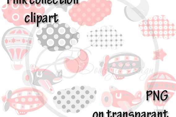 Digital Hot Air Balloon Pink Clipart, Air Plane Clipart, Zeppelin Clipart, Clouds, Moon, Stars example image 1