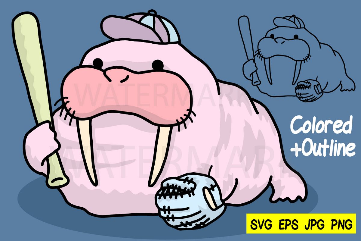 Walrus baseball- Outline and Colored - SVG-EPS-JPG-PNG example image 1