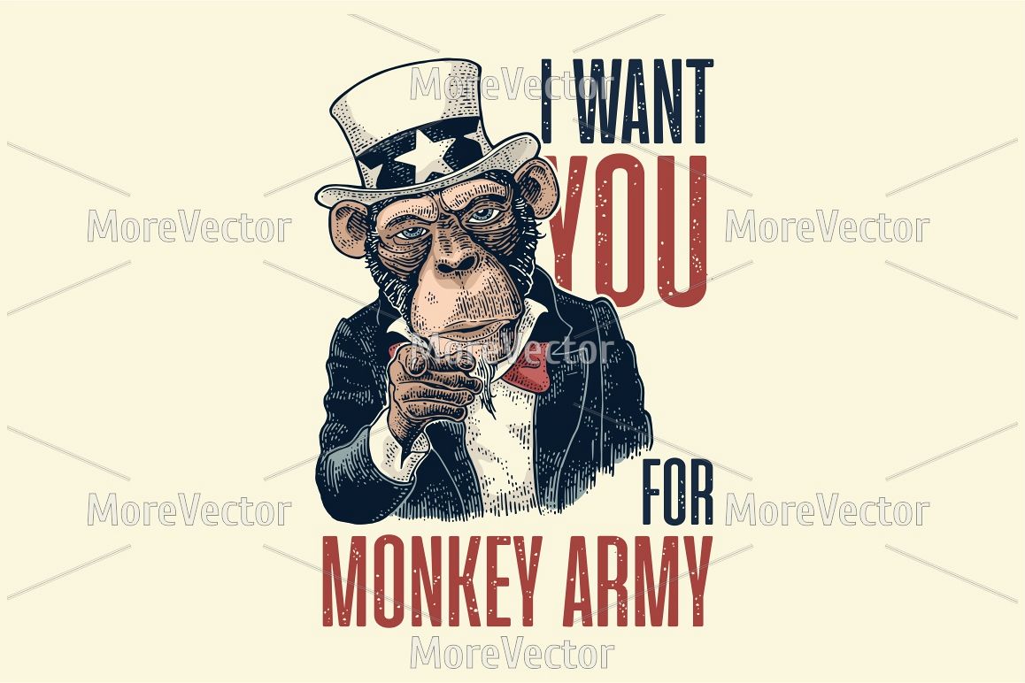 Monkey Uncle Sam with pointing finger at viewer. Vintage black engraving example image 1