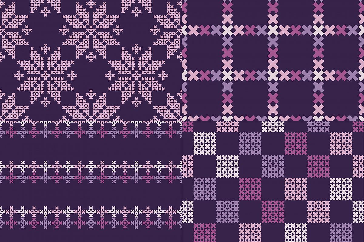 Set of 4 Seamless vector backgrounds cross stitch Norwegian snowflakes. example image 1