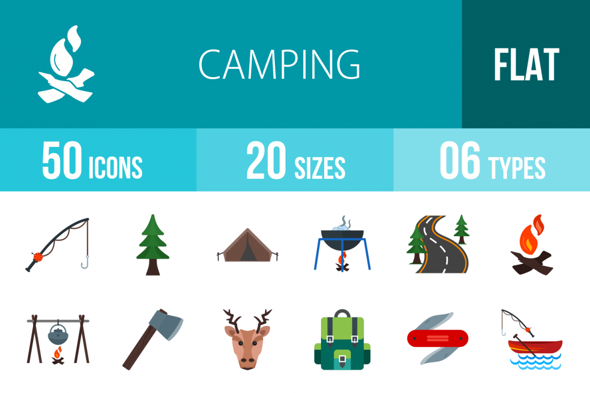 50 Camping Flat Multicolor Icons example image 1