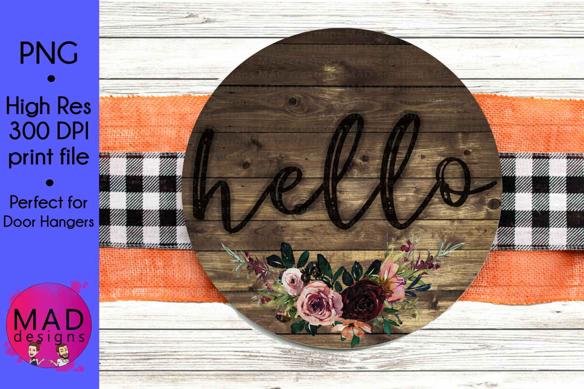 Hello - Rustic Wood with Flowers - Round Door Hanger Sign example image 1