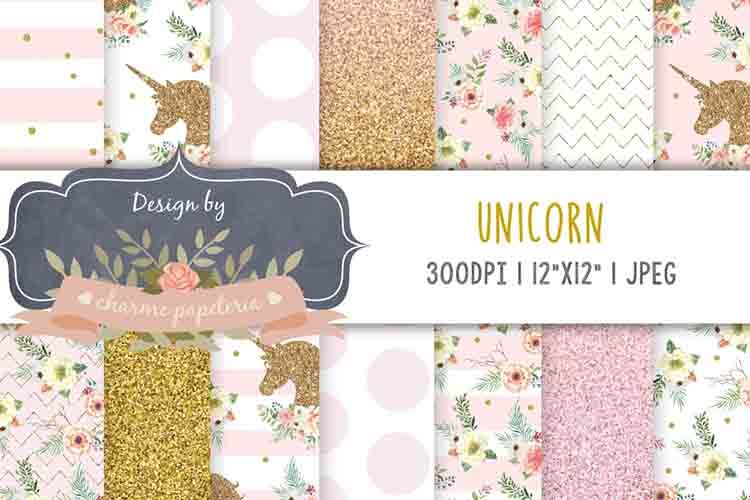 Unicorn glitter Digital Paper, Rainbow, Gold, Glitter, heart example image 1