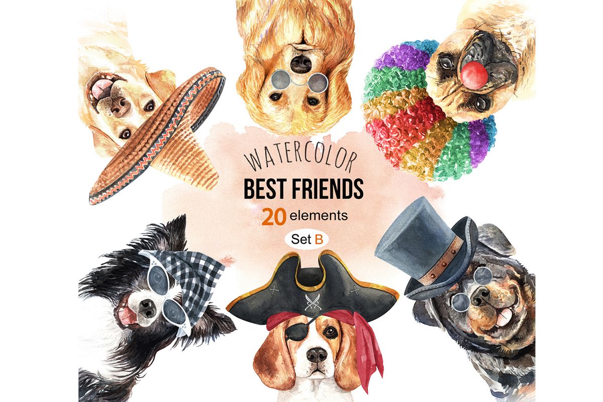 Dogs and accessories watercolor clipart, Pets clip arts SetB example image 1