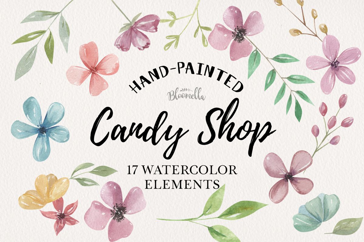 Candy Shop Watercolor Flowers 17 Elements Florals Leaves example image 1