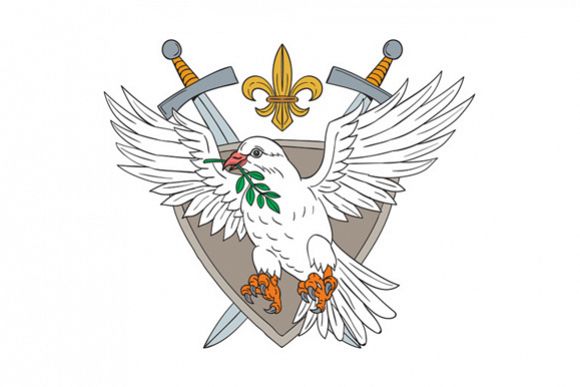 Dove Olive Leaf Sword Fleur De Lis Crest Drawing example image 1