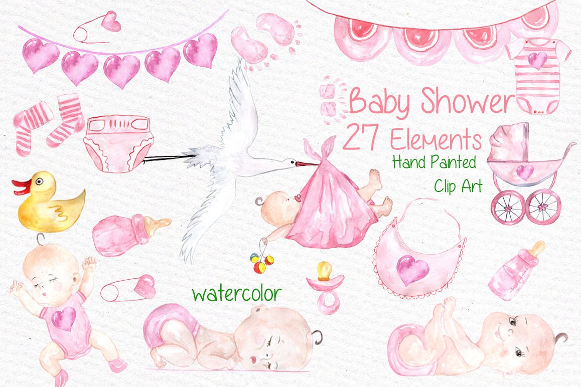 Watercolor baby shower girl clipart example image 1