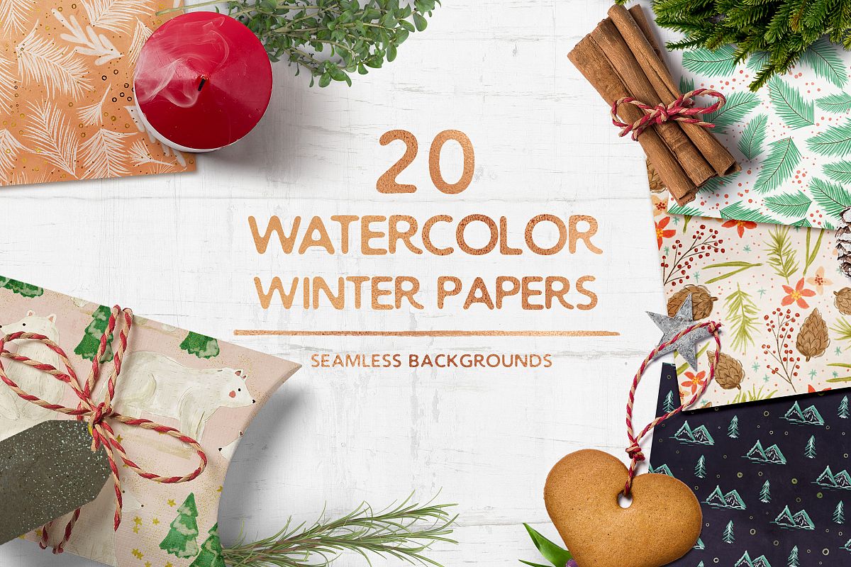 Watercolor Winter Seamless Patterns example image 1