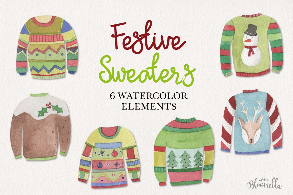 Festive Jumpers Watercolor Elements Christmas Sweaters Xmas example image 1