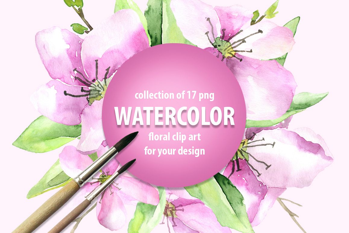 Watercolor pink flowers and leaves example image 1