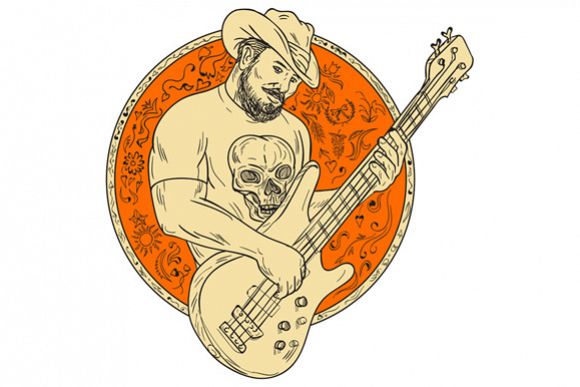 Cowboy Playing Bass Guitar Circle Drawing example image 1