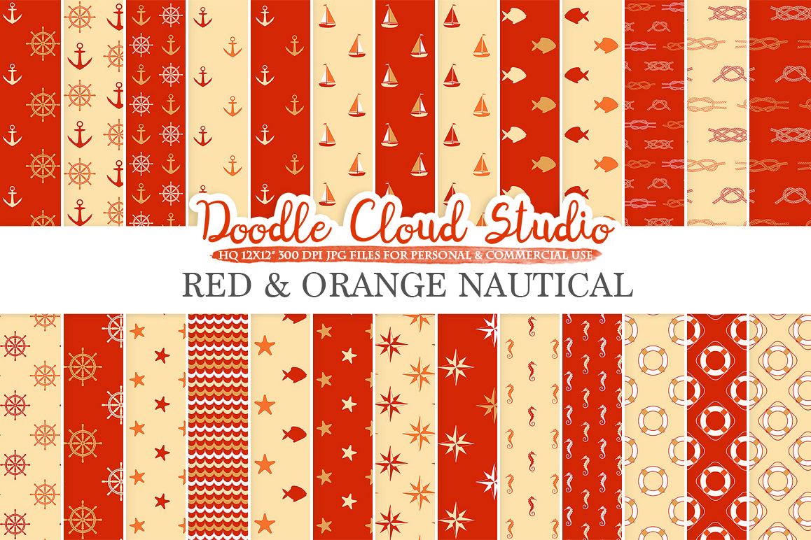 Red and Orange Nautical digital paper, Seal patterns Ocean Steering wheel Sea waves Anchor Gold backgrounds for Personal & Commercial Use example image 1