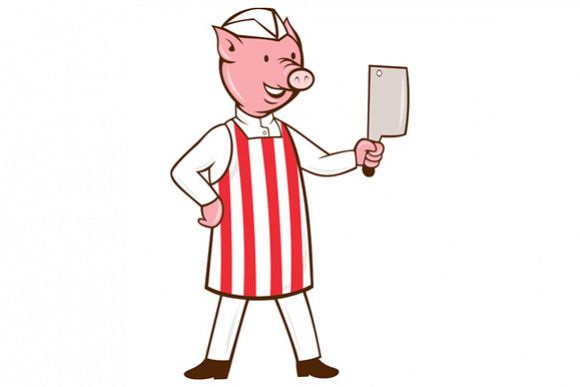 Butcher Pig Holding Meat Cleaver Cartoon example image 1
