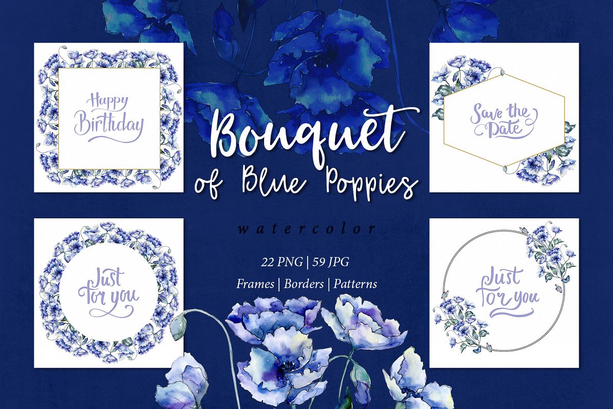 Bouquet of blue poppies PNG watercolor set example image 1
