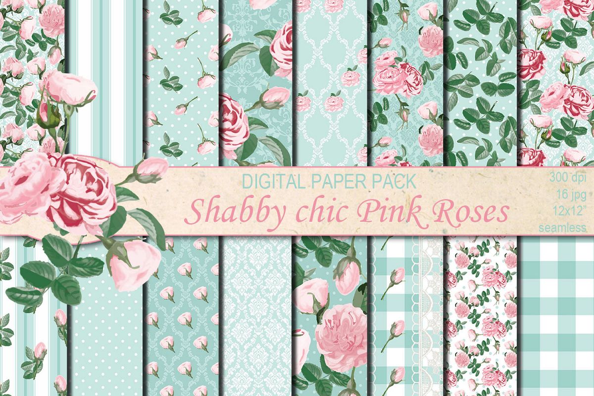 Shabby chic pink roses seamless patterns example image 1