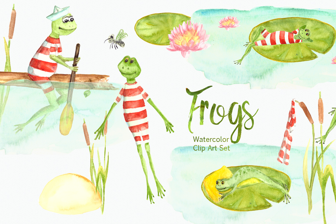 Watercolor Frogs Clip Art Set example image 1