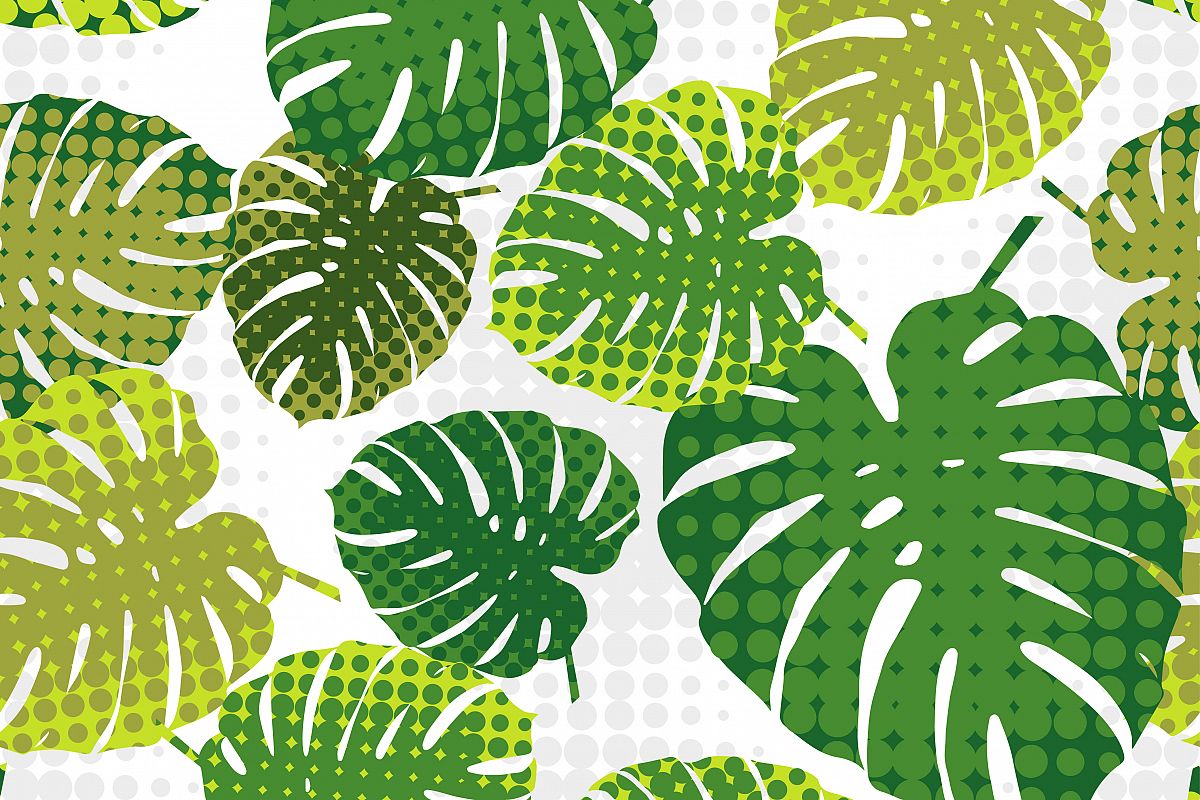 Monstera leaves in halftone style. Seamless vector background. Summer tropical design. Textile rapport. example image 1