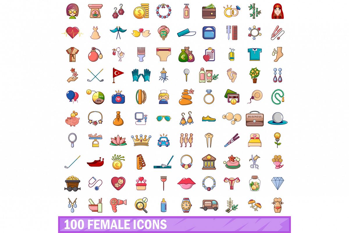100 female icons set, cartoon style example image 1