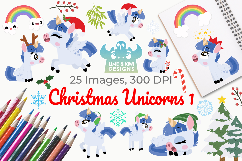 Christmas Unicorns 1 Clipart, Instant Download Vector Art example image 1