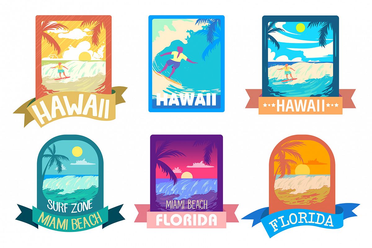 Surf time, summer holiday vector emblems example image 1