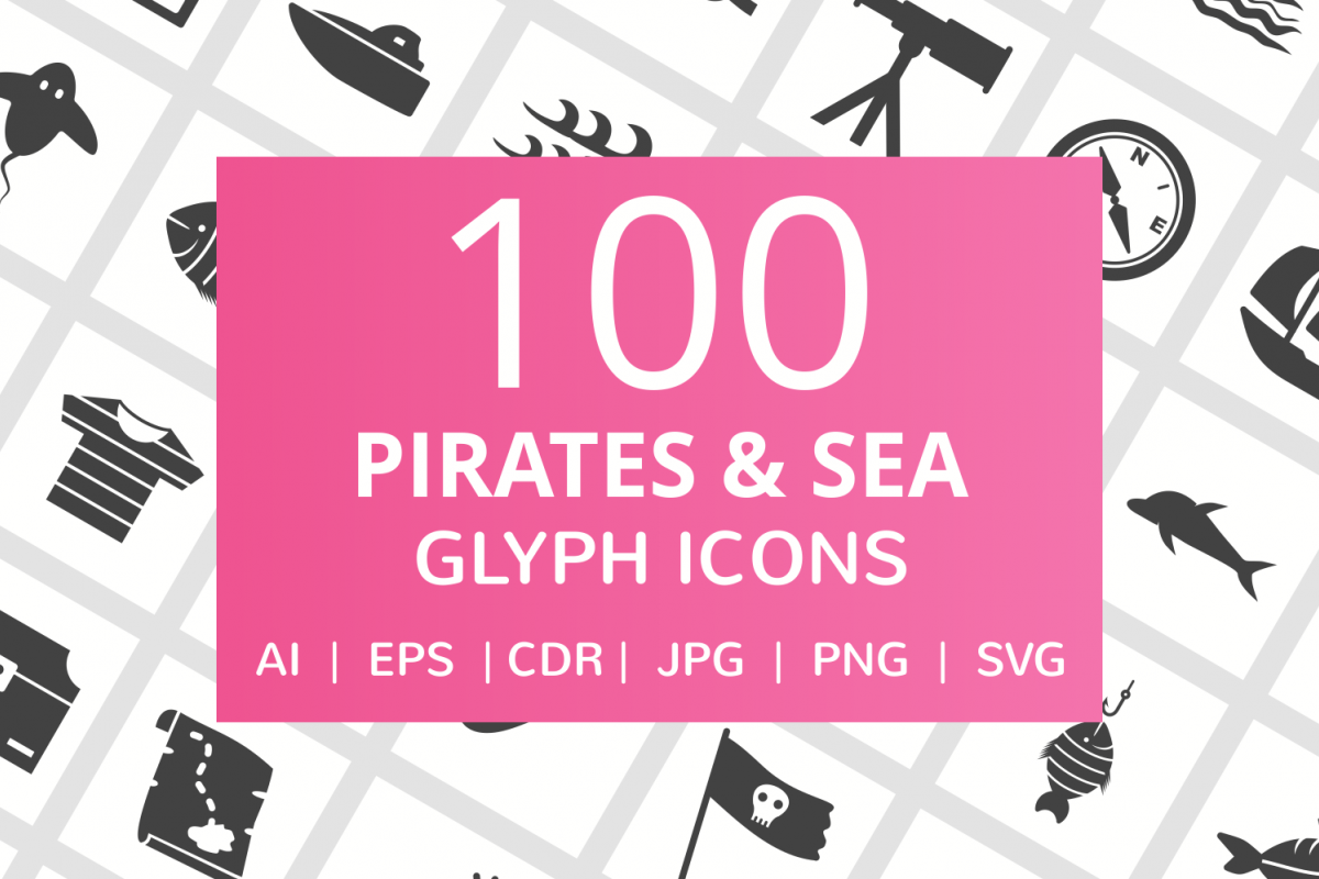 100 Pirate & Sea Glyph Icons example image 1